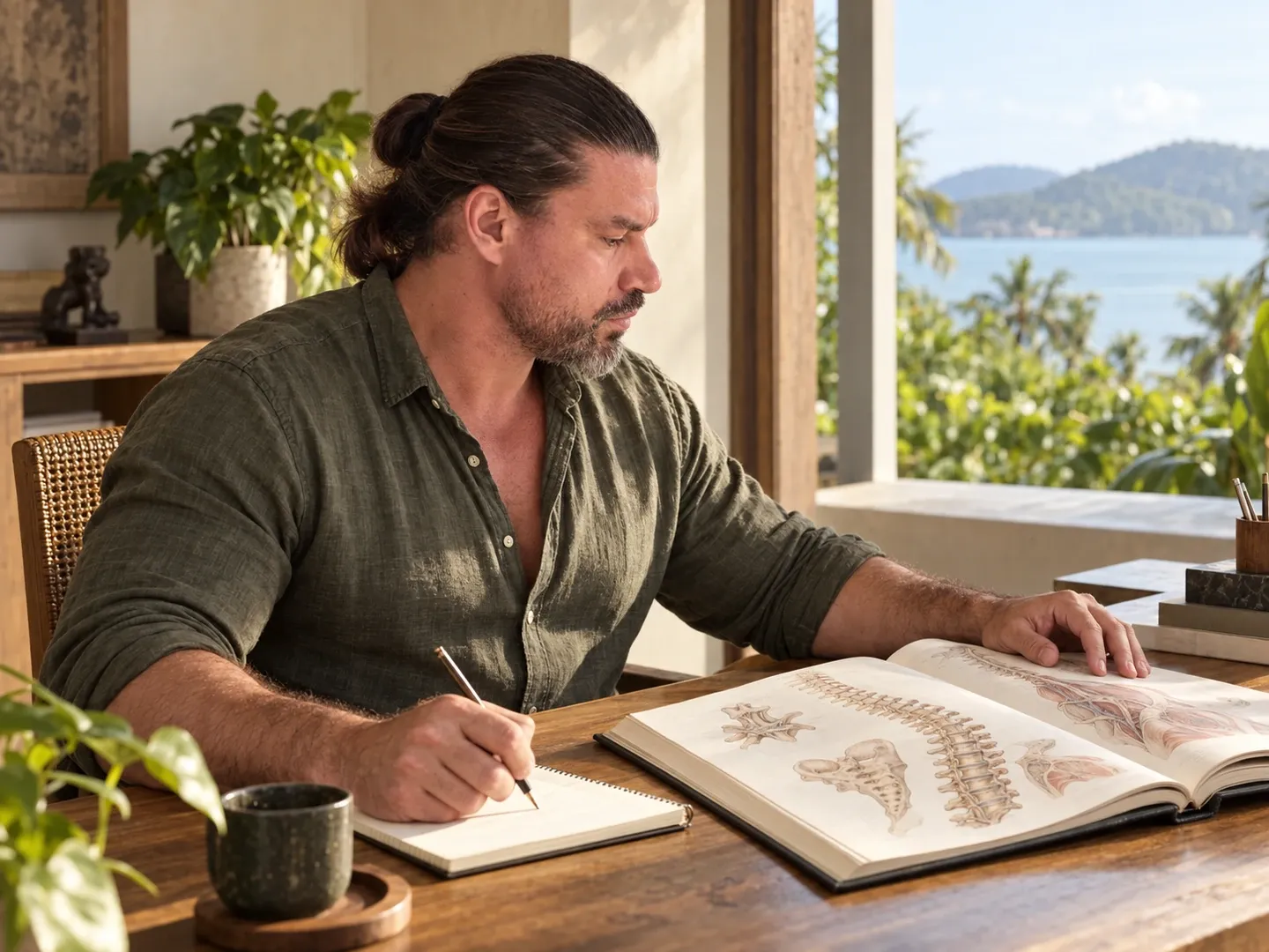 AI-created illustration of Sergio Gray Mozes reading an anatomical atlas and taking notes