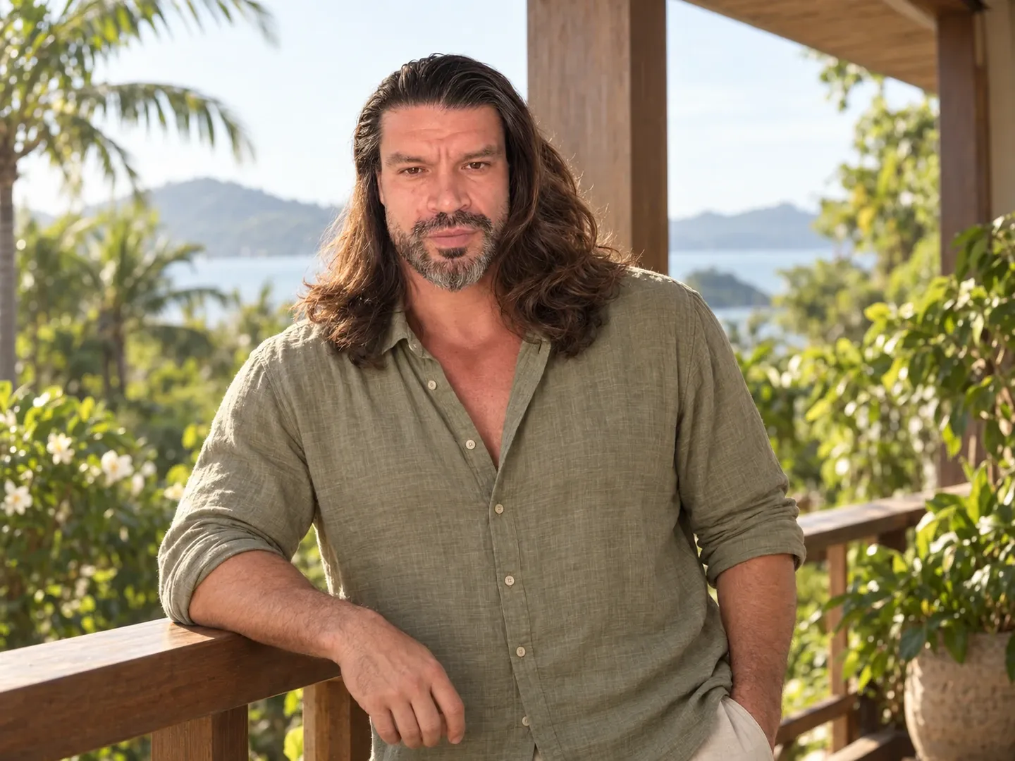 AI-created portrait of Sergio Gray Mozes on a tropical terrace